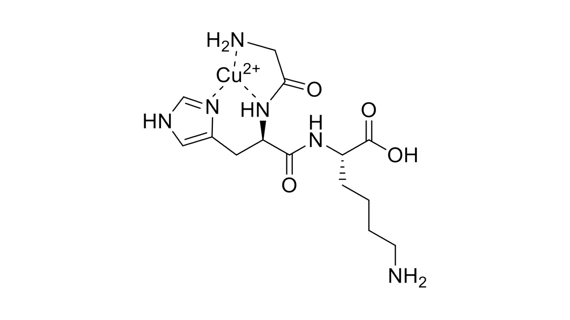 GHK-Cu molecular structure diagram with the copper ion bonded to the tripeptide chain