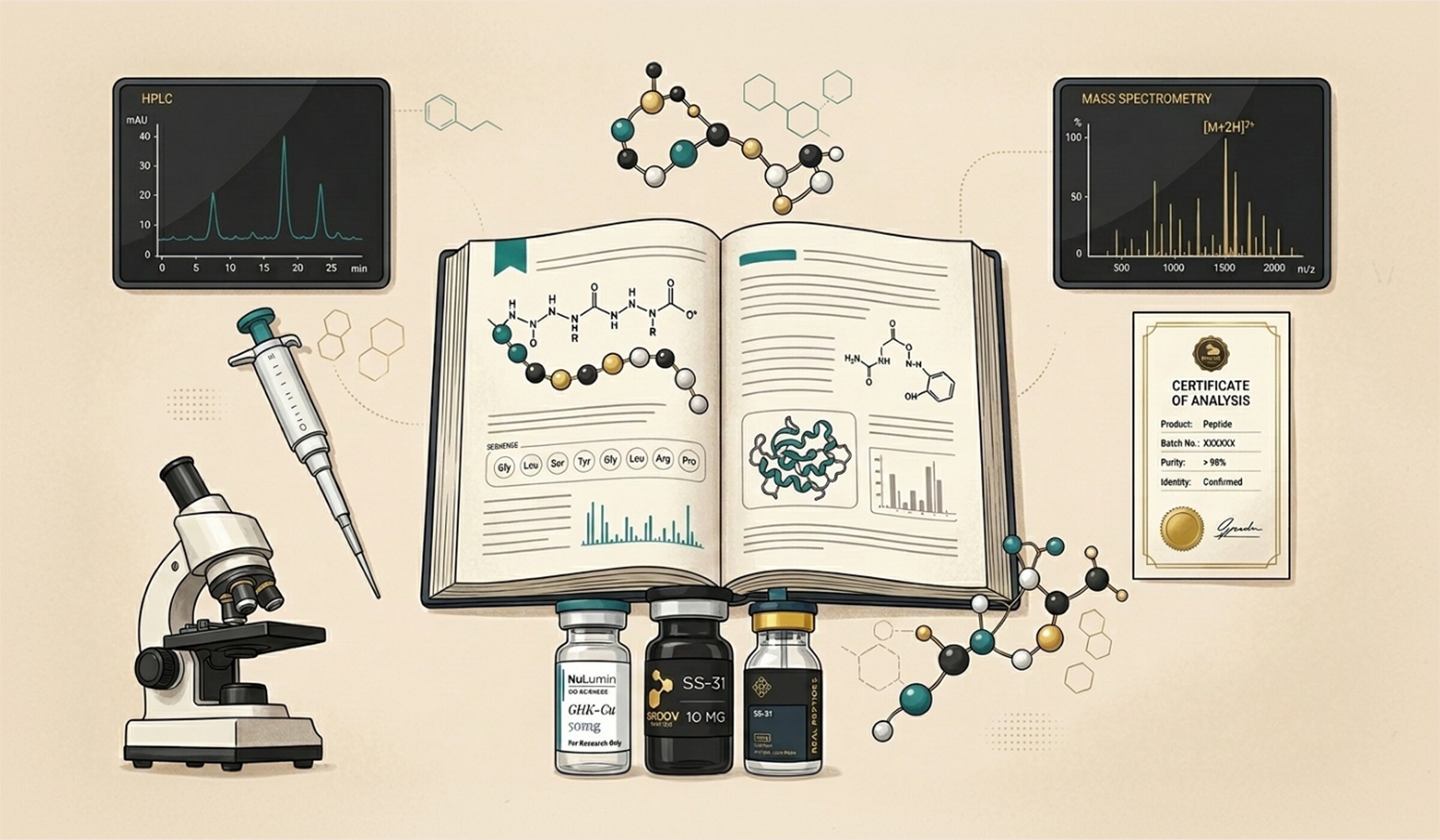 Illustrated peptide reference guide scene, microscope and open book beside molecular data screens