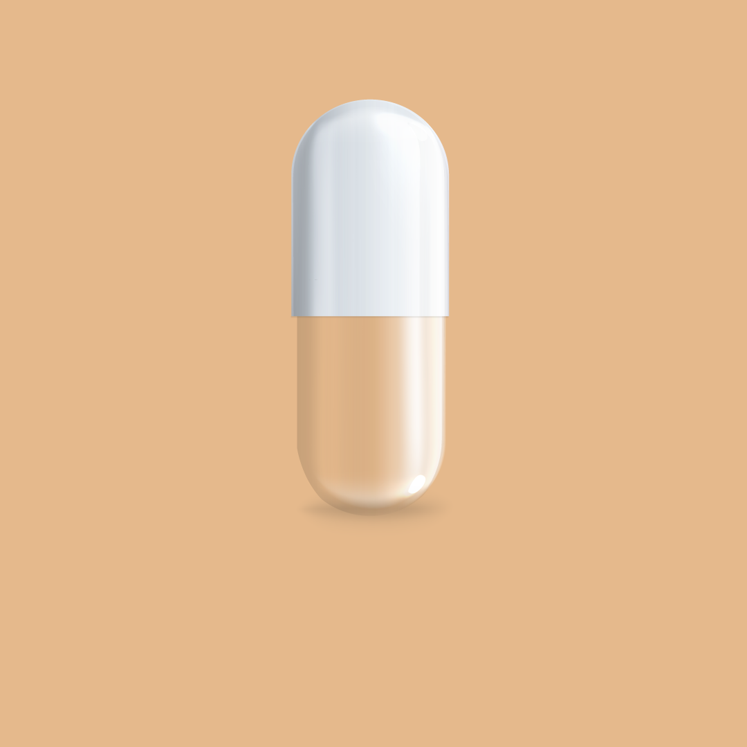 Two-tone research capsule shown upright on a warm tan tile for the capsules format