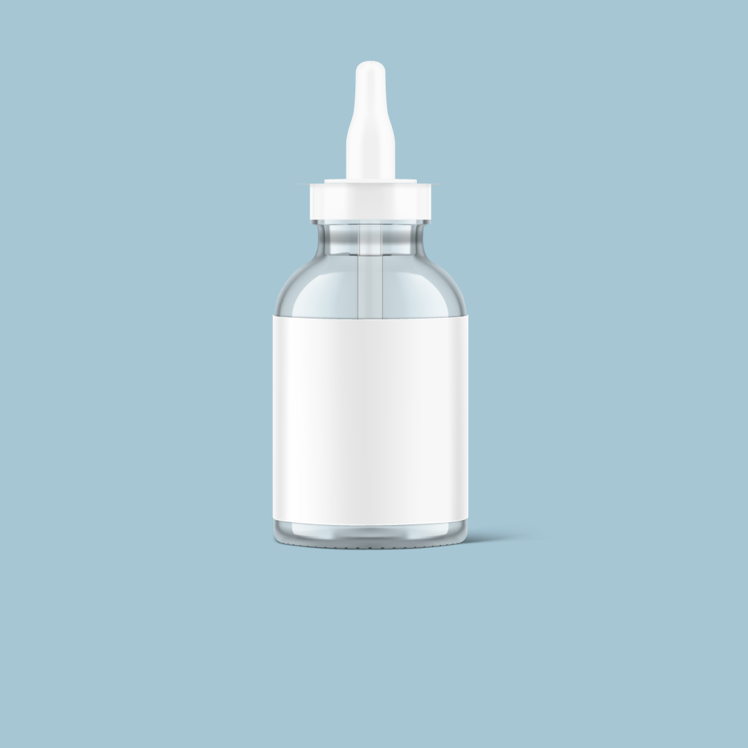 Nasal spray research bottle with white nozzle and blank label on a pale blue tile