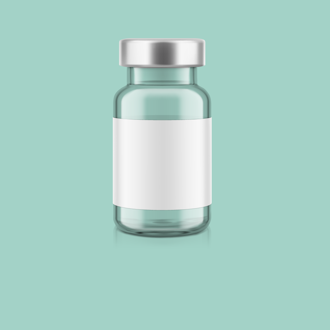 Clear glass research vial with silver cap and blank white label on a mint green tile