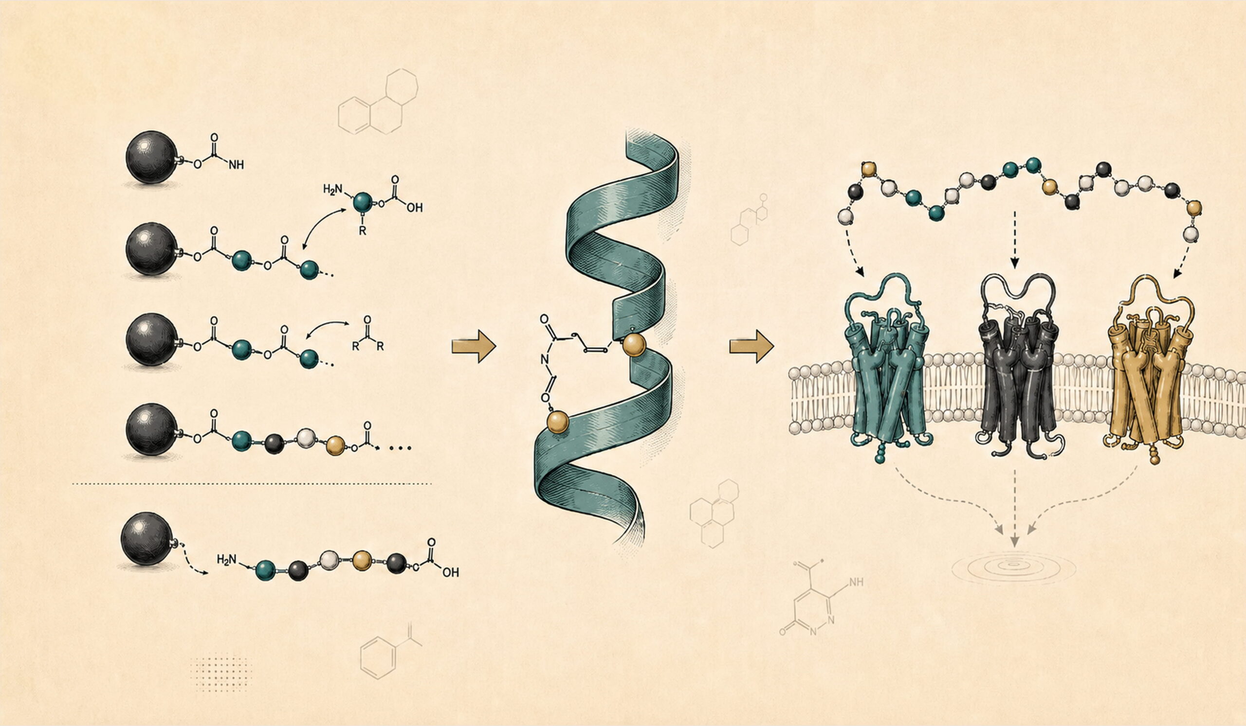 Illustration tracing peptide research history, a molecule chain leading to a helix and receptors
