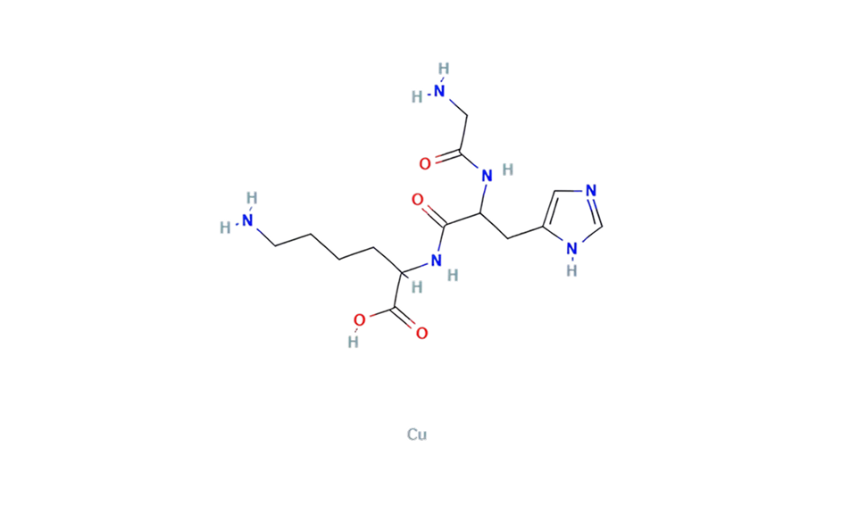 GHK-Cu skeletal structure diagram with the copper symbol shown beneath the peptide chain