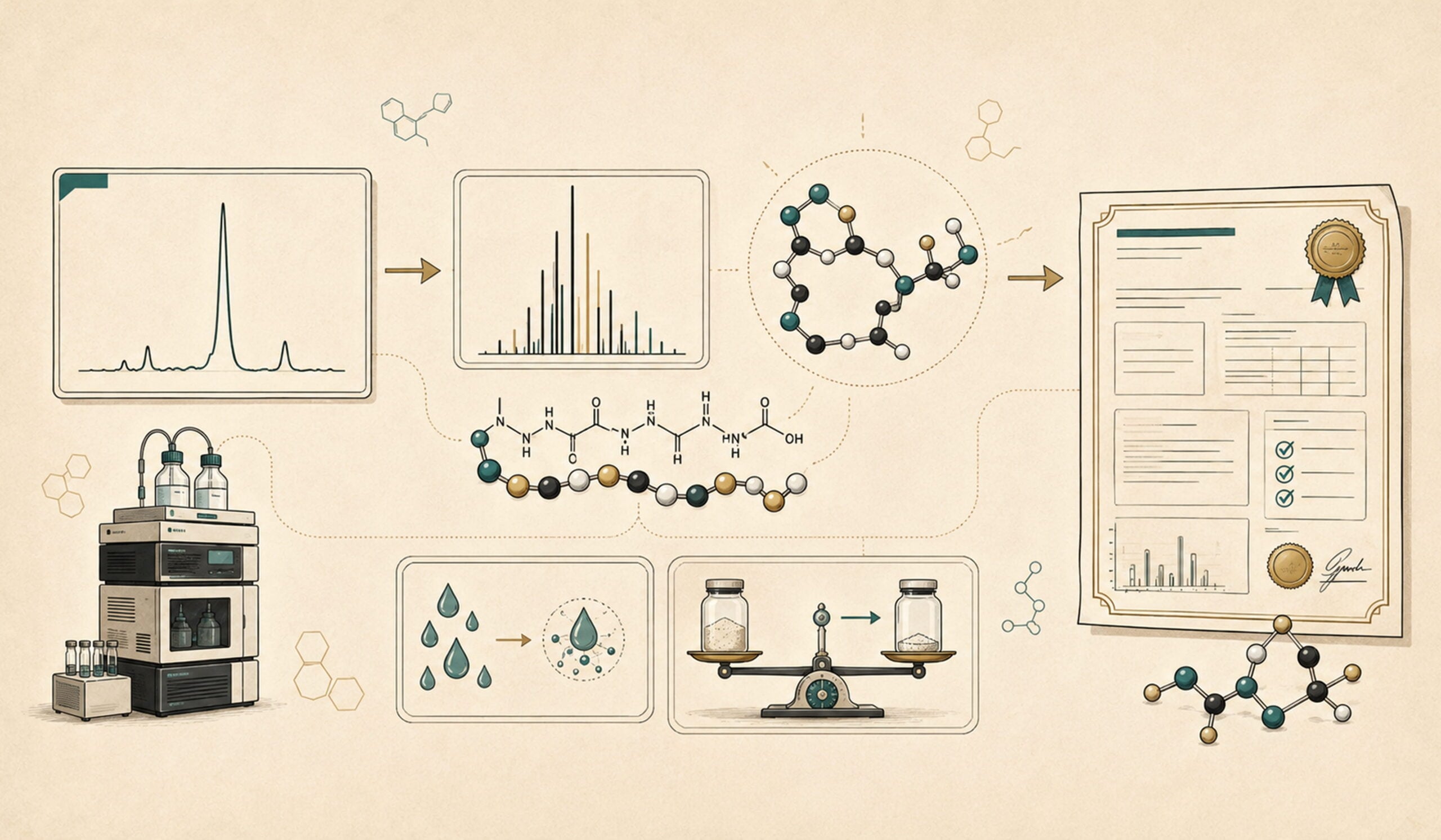 Illustrated lab scene for reading a certificate of analysis, chromatogram peaks beside a sealed report