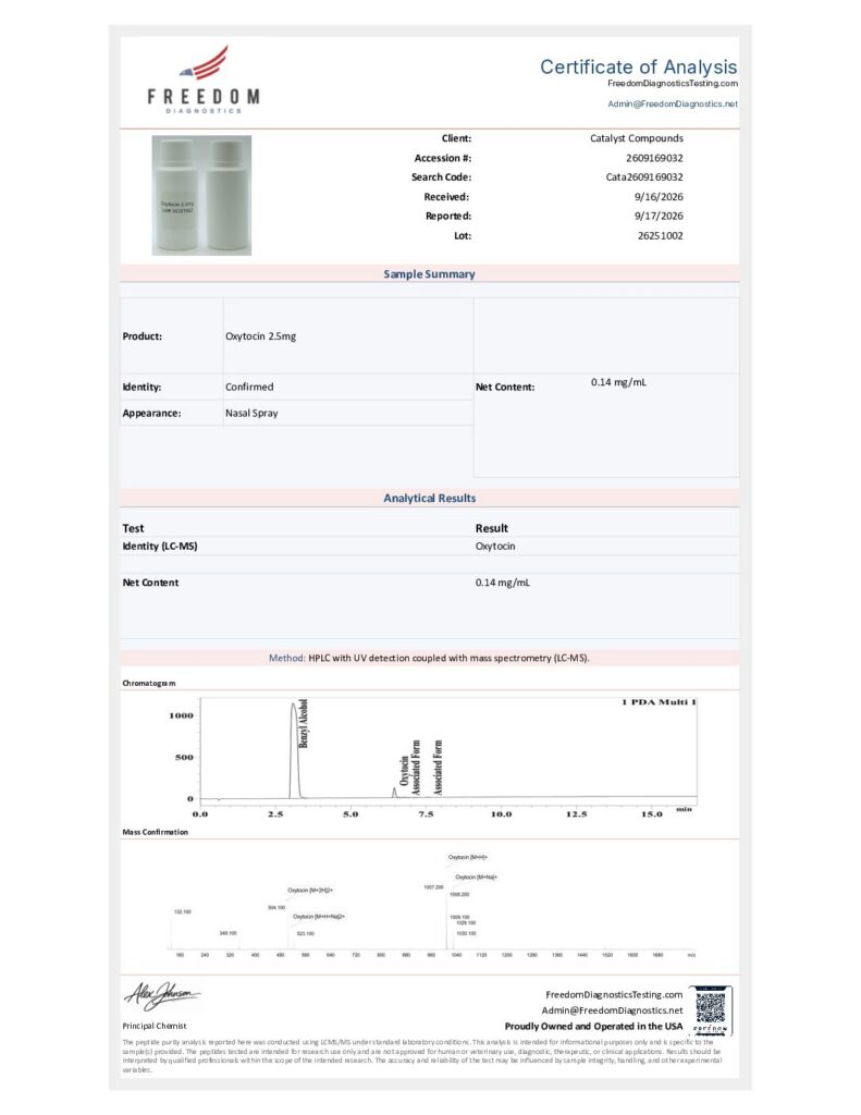 Catalyst Compounds Oxytocin Liquid Spray COA lot 26251002